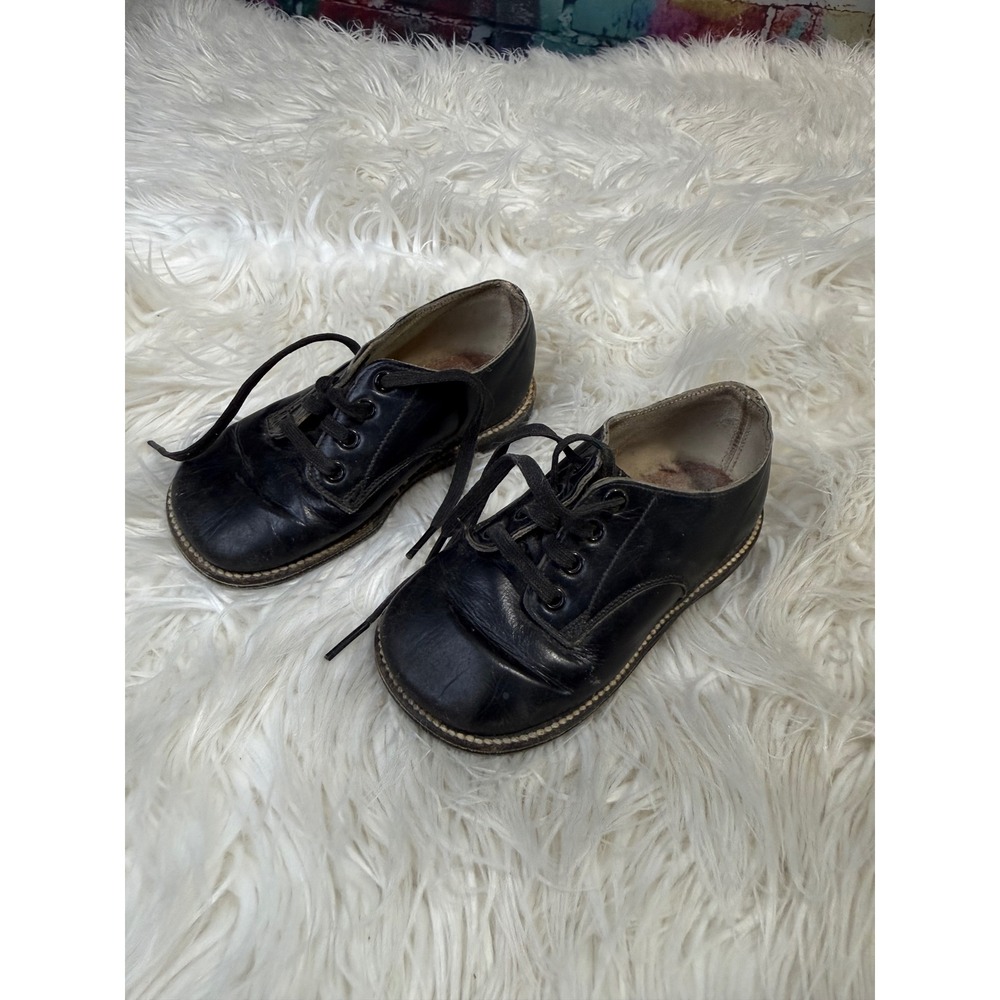 Vintage Black Leather Toddler Lace Up Oxford Shoes Classic Round Toe Flat Sole